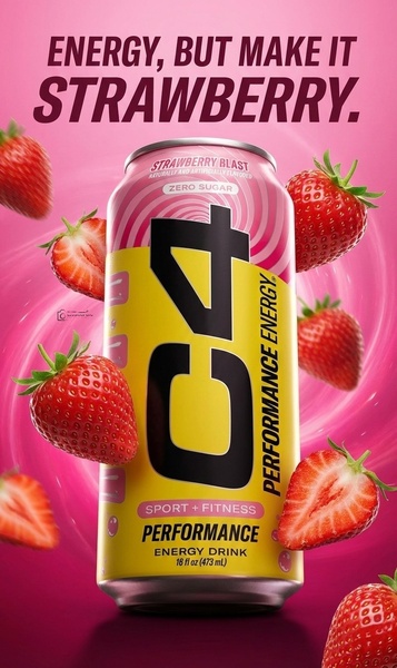 A high-energy, vibrant vertical ad for a performance energy drink featuring fresh strawberries and color-coordinated branding.